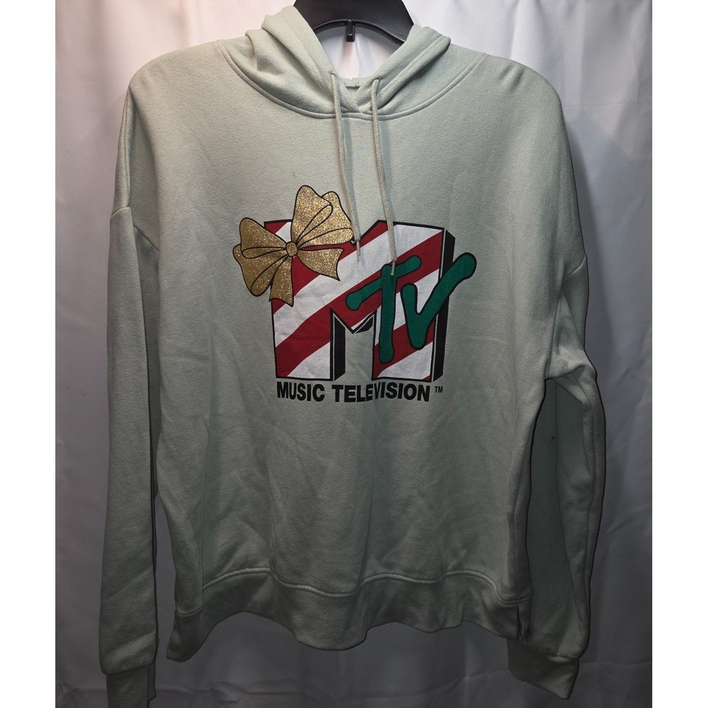 MTV Graphic Logo Christmas Hoodie Sweatshirt Size XL Green Music Video‎